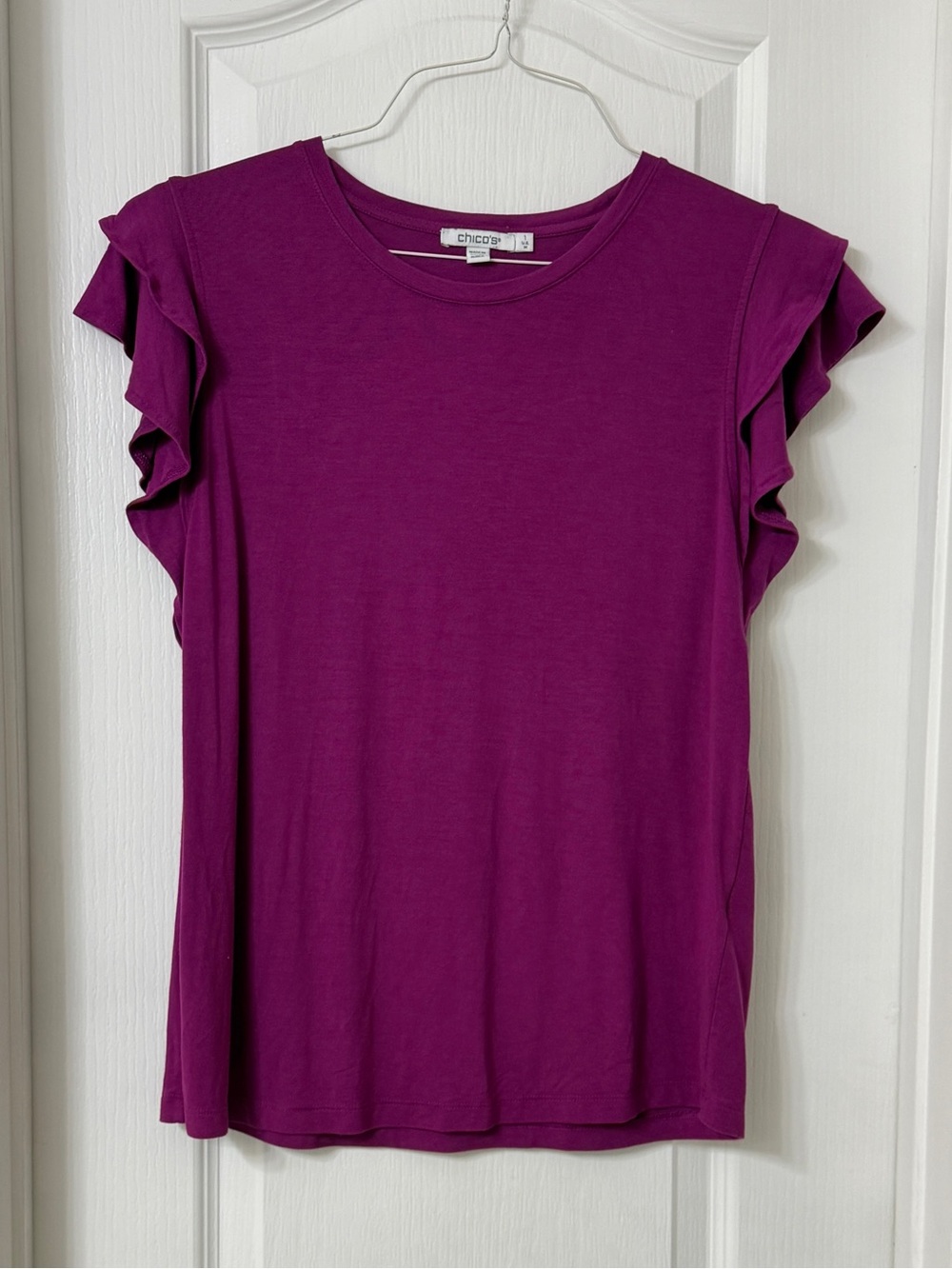 Chico's Magenta round neck tee flutter ruffle short sleeves size 1 (M)